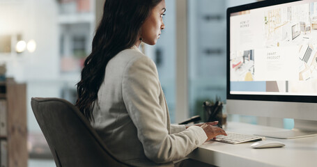 Poster - Computer, screen and business woman typing SEO research, company homepage layout or search website info. Wireframe process, office and female web designer working on professional webdesign project