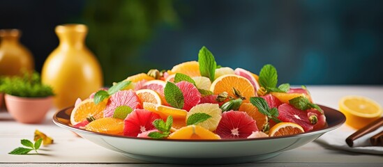 Poster - Homemade Citrus Salad with Grapefruit and Oranges selective focus. Creative Banner. Copyspace image