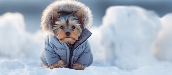 Poster - Funny cute Yorkshire Terrier dog in a warm suit overalls walking in a countryside at cold frosty winter day Doggie in warm shoes boots playing in the snow Clothes for lovely pets for walk outdo