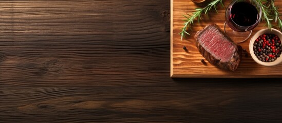 Aufkleber - Grilled beef steak on wooden board and red wine Top view flat lay. Creative Banner. Copyspace image