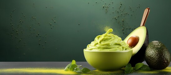 Poster - Fresh avocado puree in a small bowl and wooden hairbrush Homemade face or hair mask natural beauty treatment and spa recipe Top view copy space. Creative Banner. Copyspace image