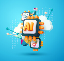 Conceptual 3d illustration of artificial intelligence. Computer chip and thematic symbols of technology. Realistic vector composition.