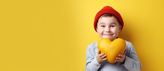 Aufkleber - Happy child holds heart potato in hands and shows a heart shape with his own hands. Creative Banner. Copyspace image