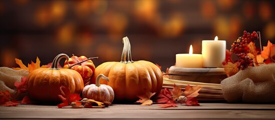 Poster - happy thanksgiving text sign flat lay pumpkin with leaves and walnuts on stylish scarf top view space for text seasonal greetings autumn fall holidays harvest time cozy mood. Creative Banner