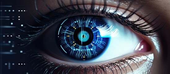 Poster - Human eye with cyber retinal recognition for neuro link connection smart lens eyes vision diagnostics Augmented virtual reality in metaverse AI artificial intelligence. Creative Banner