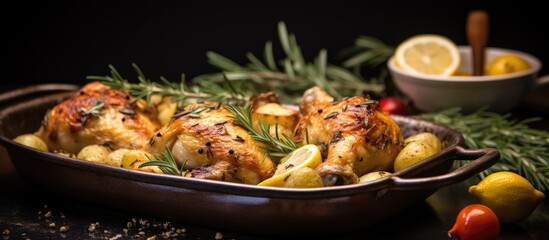 Aufkleber - Grilled chicken Rosemary lemon quartered chicken with roasted potatoes. Creative Banner. Copyspace image