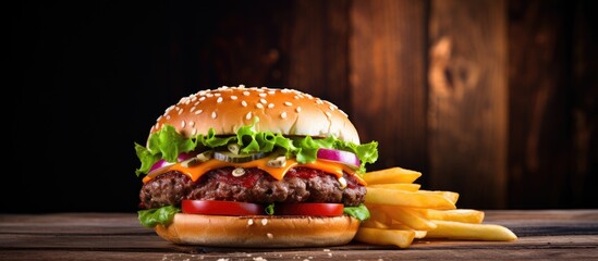 Poster - fresh tasty burger and french fries on wooden table. Creative Banner. Copyspace image