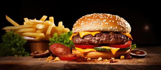 Poster - French fries fall next to cheeseburger lying on vintage wooden cutting board Freeze motion. Creative Banner. Copyspace image