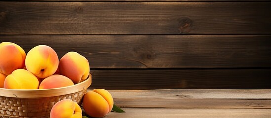 Poster - Fresh Yellow Peach fruit in wooden bowl on wooden background Yellow Peach with slice in wooden basket. Creative Banner. Copyspace image