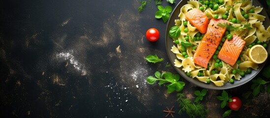 Aufkleber - Homemade Pasta fusilli with salmon green peas parmesan cheese and lemon healthy food. Creative Banner. Copyspace image
