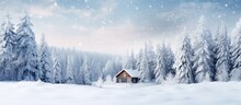 In Front Of A Pine Forest Small Wooden Houses And Pine Trees Stand In The Snowfall Snowed In Pine Trees And A Log Cabin In Front Of The Pine Forest. Creative Banner. Copyspace Image