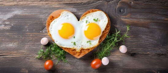 Fried eggs in the shape of hearts Valentine s dish. Creative Banner. Copyspace image