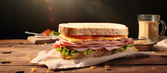 Poster - Homemade ham cheese sandwich and coffee cup for breakfast on white working desk in top view with copy space. Creative Banner. Copyspace image