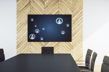 Poster - Social network icons concept on presentation monitor in a modern boardroom. Networking concept. 3D Rendering