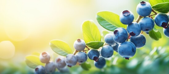 Poster - Fresh organic blueberries on a bush Blueberry garden tasty useful berry Vaccinium corymbosum tall blueberry Ripe blueberries on a bush Blueberry harvest in the garden. Creative Banner