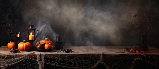 Poster - Halloween holiday concept Empty rustic table in front of spider web background Ready for product display montage. Creative Banner. Copyspace image