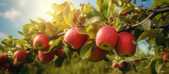 Poster - fresh and juicy apples ready for harvest in the apple plantation. Creative Banner. Copyspace image