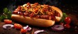 Homemade Bacon Wrapped Hot Dogs with Onions and Peppers. Creative Banner. Copyspace image