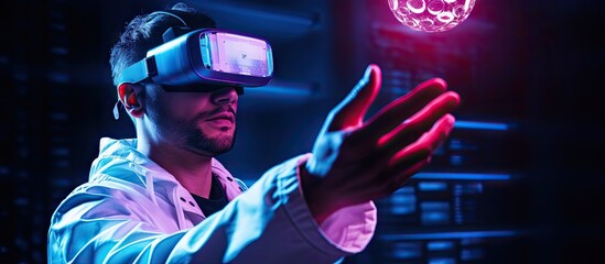 Guy using VR helmet Augmented reality future technology game concept Blue neon light Man holding futuristic pill. Creative Banner. Copyspace image