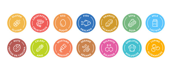 Poster - Isolated Vector Logo Set Badge Ingredient Warning Label. Colorful Allergens icons. Food Intolerance. The 14 allergens required to declare written in Spanish and English