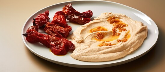 Aufkleber - Hummus with dried tomatoes on a white plate. Creative Banner. Copyspace image