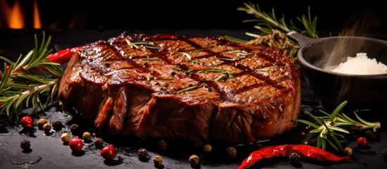 Aufkleber - Grilled beef steak with herb and spices Portion of fried meat cuts with rosemary garlic olive oil and ketchup sauce. Creative Banner. Copyspace image