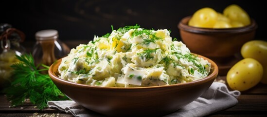 Wall Mural - Homemade potato salad with fresh cucumber. Creative Banner. Copyspace image