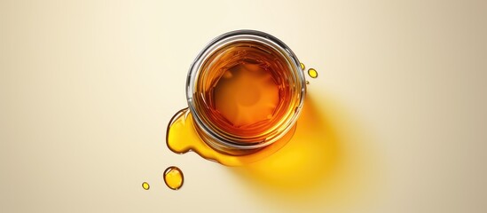 Poster - honey jar with acacia flowers and leaves fresh honey top view flat lay. Creative Banner. Copyspace image