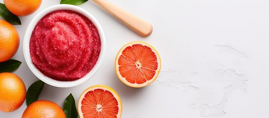 Poster - Fresh blood orange fruit grapefruit scrub in a small white bowl and wooden hair brush Homemade body exfoliation natural beauty treatment and spa recipe Top view copy space. Creative Banner