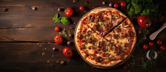 Poster - Homemade Delicious Pizza with Vegetables and Meat Top View. Creative Banner. Copyspace image
