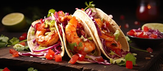 Wall Mural - Homemade Spicy Shrimp Tacos with Coleslaw and Salsa. Creative Banner. Copyspace image