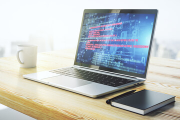 Poster - Modern computer display with abstract programming language hologram, artificial intelligence and machine learning concept. 3D Rendering