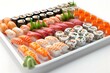Assorted sushi platter on white background. perfect for menu design. high-quality japanese cuisine. fine dining. AI