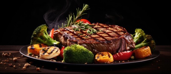 Aufkleber - fresh grilled ribeye steak with broccoli carrot and cherry tomatoes on side. Creative Banner. Copyspace image