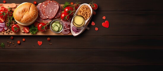 Aufkleber - Heart shaped sandwich recipe ingredients with sauces on a wooden board Top view horizontal selective focus. Creative Banner. Copyspace image
