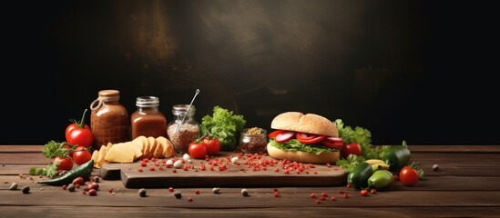 Aufkleber - Heart shaped sandwich recipe ingredients with sauces on a wooden board Top view horizontal selective focus. Creative Banner. Copyspace image