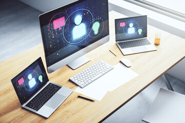 Poster - Modern computer monitor with social network icons concept. Marketing and promotion concept. 3D Rendering