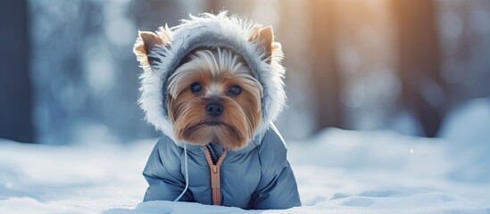 Poster - Funny cute Yorkshire Terrier dog in a warm suit overalls walking in a countryside at cold frosty winter day Doggie in warm shoes boots playing in the snow Clothes for lovely pets for walk outdo