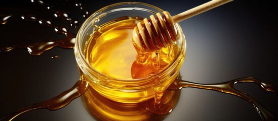 Poster - honey jar with acacia flowers and leaves fresh honey top view flat lay. Creative Banner. Copyspace image