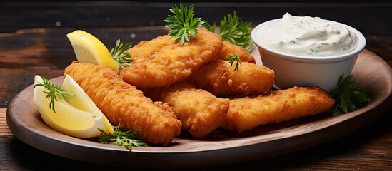 Aufkleber - Homemade fresh fish finger with tartar sauce and lemon. Creative Banner. Copyspace image