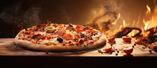 Poster - Homemade pizza with sun dried tomatoes mushrooms and olives Italian cuisine Food delivery. Creative Banner. Copyspace image