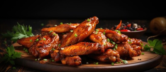 Aufkleber - Hot Meat Dishes Grilled Chicken Wings with Red Spicy Sauce. Creative Banner. Copyspace image