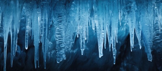 Fototapete - Frozen waterfall of blue icicles on the rock. Creative Banner. Copyspace image