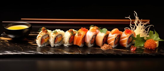 Aufkleber - Hand with black chopsticks holds a sushi Custom sushi roll with cuttlefish ink salmon cream cheese pepper pumpkin eel and edible gold leaf with ginger wasabi on a square plate on black table
