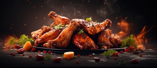 Aufkleber - Hot Meat Dishes Grilled Chicken Wings with Red Spicy Sauce. Creative Banner. Copyspace image