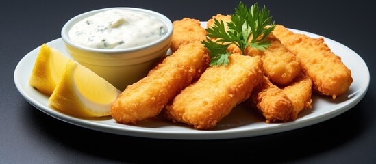 Aufkleber - Homemade fresh fish finger with tartar sauce and lemon. Creative Banner. Copyspace image