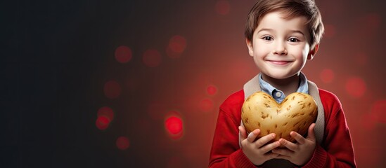 Aufkleber - Happy child holds heart potato in hands and shows a heart shape with his own hands. Creative Banner. Copyspace image