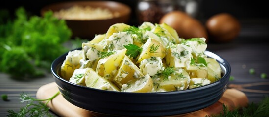 Wall Mural - Homemade potato salad with fresh cucumber. Creative Banner. Copyspace image