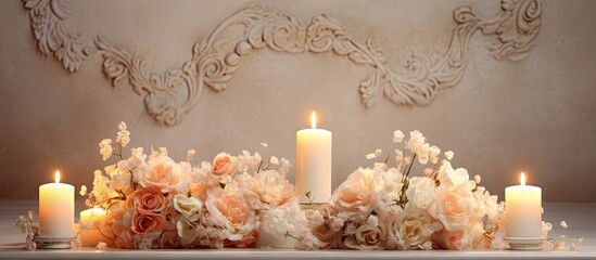 Aufkleber - Holiday decoration decor Candle holders with floral decoration The wedding ceremony. Creative Banner. Copyspace image