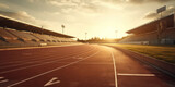 Fototapeta  - Athletics stadium with a racetrack and starting blocks.